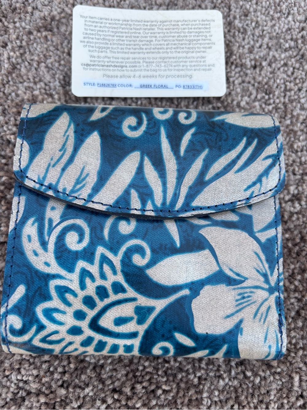 Patrica Nash Blue Leather Greek Floral Bifold Wallet with ID Window